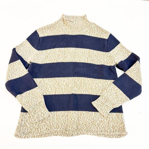 J. Crew Banded Woven Knitted Turtle Neck Top Beige Blue Size L - Picture 3 of 7